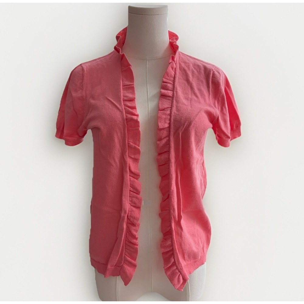 J Crew Short Sleeve Open Cardigan Sz M Ruffled Cotton Cashmere Twee Lightweight